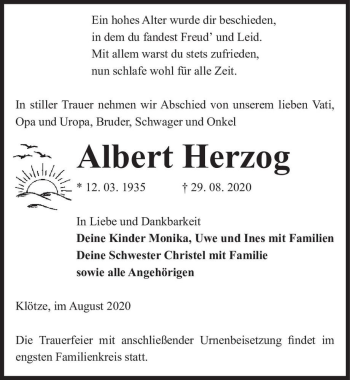 Traueranzeige von Albert Herzog  von Magdeburger Volksstimme