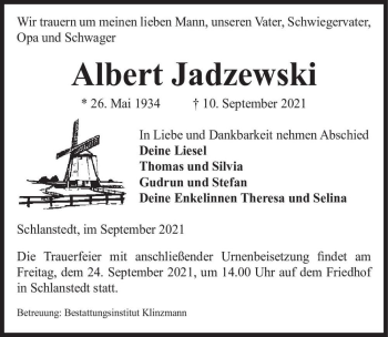 Traueranzeige von Albert Jadzewski  von Magdeburger Volksstimme