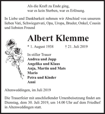 Traueranzeige von Albert Klemme  von Magdeburger Volksstimme