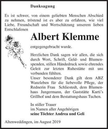 Traueranzeige von Albert Klemme  von Magdeburger Volksstimme
