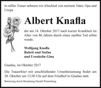 Traueranzeige von Albert Knafla  von Magdeburger Volksstimme