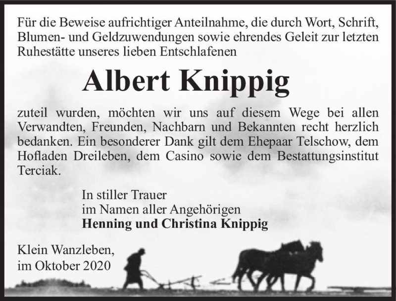  Traueranzeige für Albert Knippig  vom 30.10.2020 aus Magdeburger Volksstimme