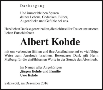 Traueranzeige von Albert Kohde  von Magdeburger Volksstimme