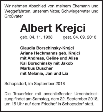 Traueranzeige von Albert Krejci  von Magdeburger Volksstimme