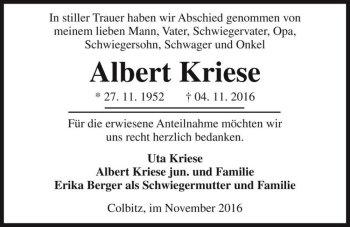 Traueranzeige von Albert Kriese  von Magdeburger Volksstimme