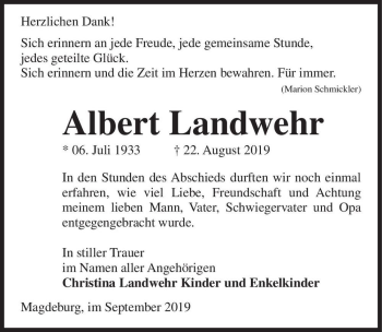 Traueranzeige von Albert Landwehr  von Magdeburger Volksstimme