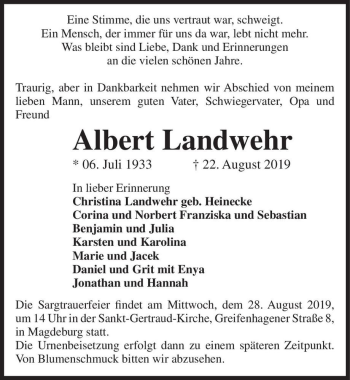 Traueranzeige von Albert Landwehr  von Magdeburger Volksstimme