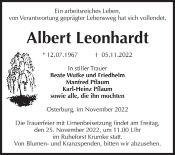 Traueranzeige von Albert Leonhardt  von Magdeburger Volksstimme