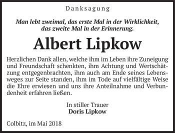 Traueranzeige von Albert Lipkow  von Magdeburger Volksstimme
