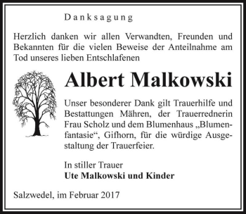 Traueranzeige von Albert Malkowski  von Magdeburger Volksstimme