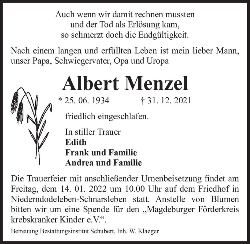  Traueranzeige für Albert Menzel  vom 08.01.2022 aus Magdeburger Volksstimme