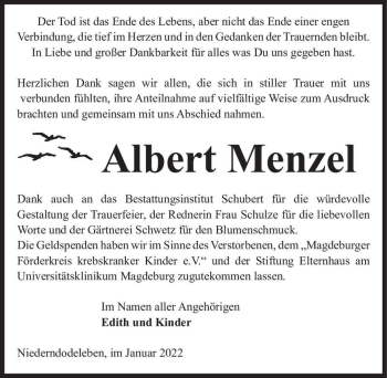 Traueranzeige von Albert Menzel  von Magdeburger Volksstimme