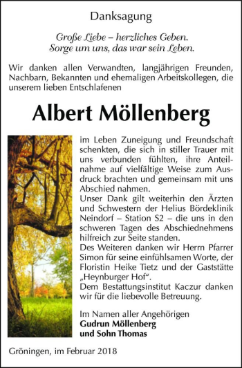 Traueranzeige von Albert Möllenberg  von Magdeburger Volksstimme