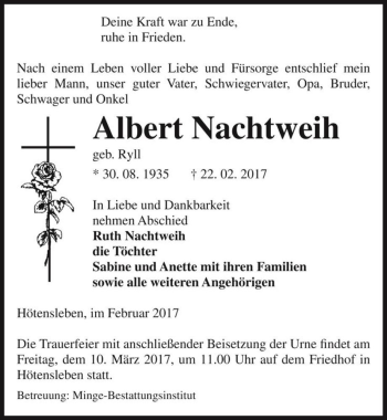 Traueranzeige von Albert Nachtweih (geb. Ryll)  von Magdeburger Volksstimme