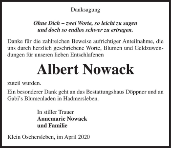 Traueranzeige von Albert Nowack  von Magdeburger Volksstimme