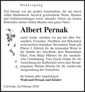 Traueranzeige von Albert Pernak  von Magdeburger Volksstimme