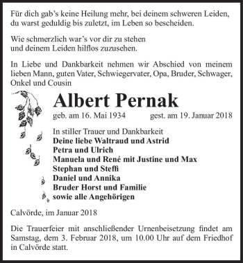 Traueranzeige von Albert Pernak  von Magdeburger Volksstimme