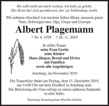 Traueranzeige von Albert Plagemann  von Magdeburger Volksstimme