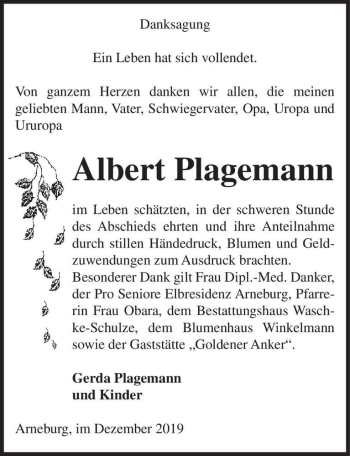 Traueranzeige von Albert Plagemann  von Magdeburger Volksstimme