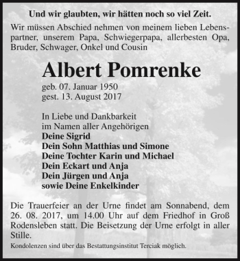 Traueranzeige von Albert Pomrenke  von Magdeburger Volksstimme