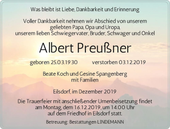 Traueranzeige von Albert Preußner  von Magdeburger Volksstimme