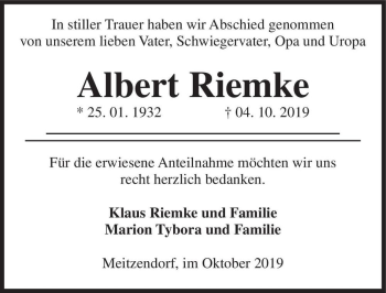 Traueranzeige von Albert Riemke  von Magdeburger Volksstimme