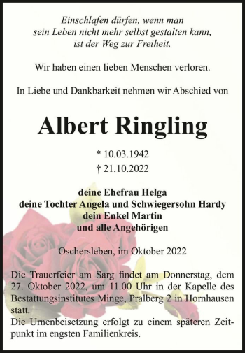 Traueranzeige von Albert Ringling  von Magdeburger Volksstimme