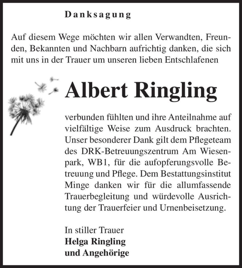  Traueranzeige für Albert Ringling  vom 19.11.2022 aus Magdeburger Volksstimme