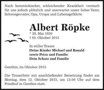 Traueranzeige von Albert Röpke  von Magdeburger Volksstimme