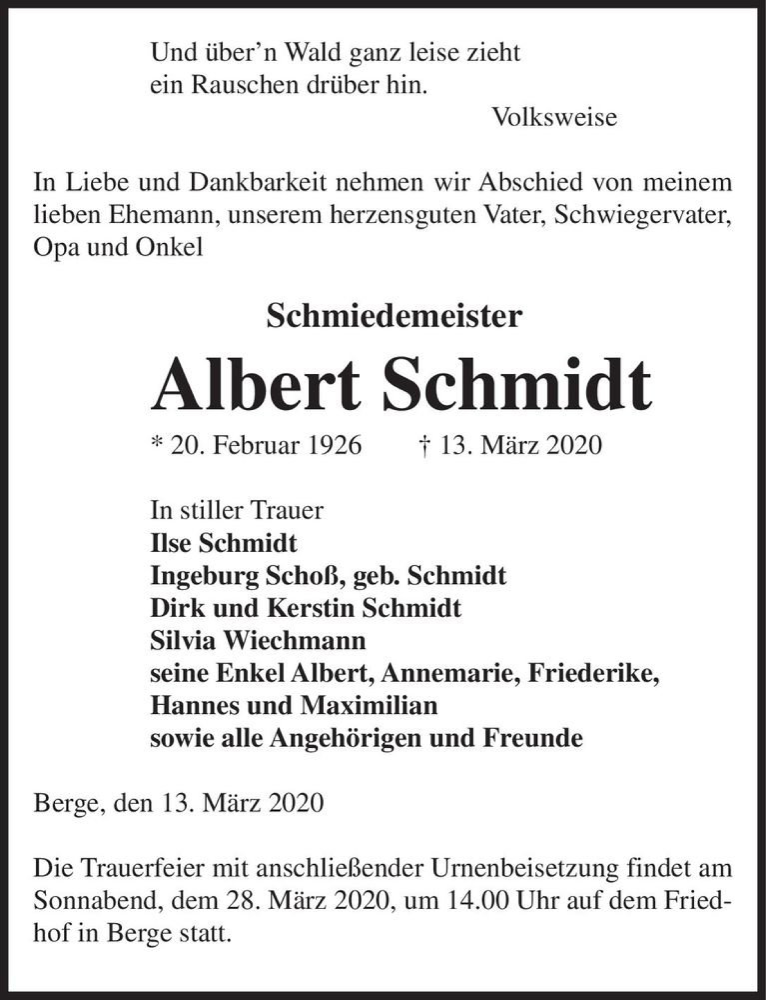  Traueranzeige für Albert Schmidt  vom 17.03.2020 aus Magdeburger Volksstimme