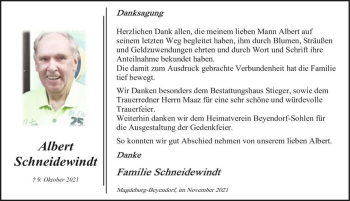 Traueranzeige von Albert Schneidewindt  von Magdeburger Volksstimme