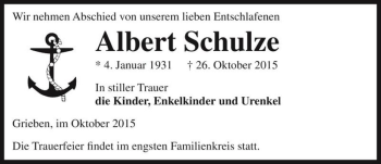 Traueranzeige von Albert Schulze  von Magdeburger Volksstimme