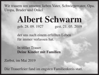 Traueranzeige von Albert Schwarm  von Magdeburger Volksstimme
