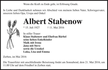 Traueranzeige von Albert Stabenow  von Magdeburger Volksstimme