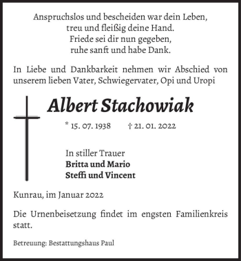 Traueranzeige von Albert Stachowiak  von Magdeburger Volksstimme