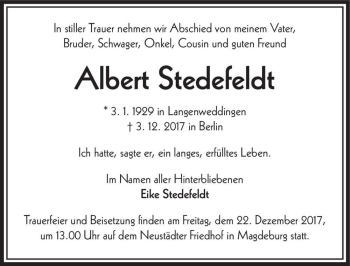 Traueranzeige von Albert Stedefeldt  von Magdeburger Volksstimme