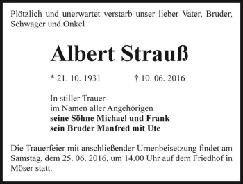 Traueranzeige von Albert Strauß  von Magdeburger Volksstimme