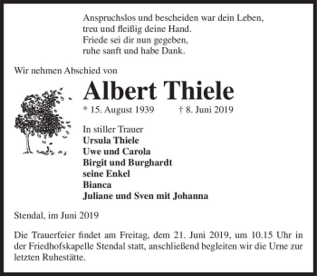 Traueranzeige von Albert Thiele  von Magdeburger Volksstimme