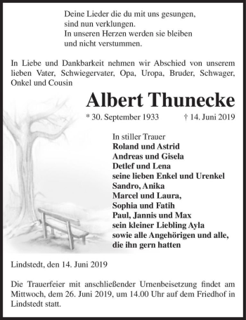 Traueranzeige von Albert Thunecke  von Magdeburger Volksstimme