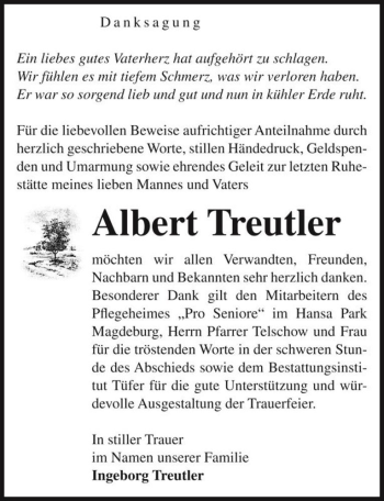 Traueranzeige von Albert Treutler  von Magdeburger Volksstimme