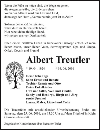 Traueranzeige von Albert Treutler  von Magdeburger Volksstimme