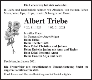 Traueranzeige von Albert Triebe  von Magdeburger Volksstimme