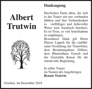 Traueranzeige von Albert Trutwin  von Magdeburger Volksstimme
