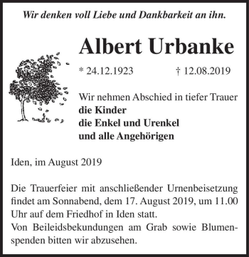 Traueranzeige von Albert Urbanke  von Magdeburger Volksstimme