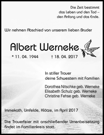Traueranzeige von Albert Werneke  von Magdeburger Volksstimme