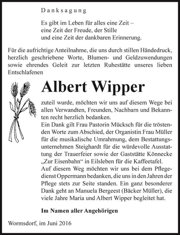  Traueranzeige für Albert Wipper  vom 25.06.2016 aus Magdeburger Volksstimme