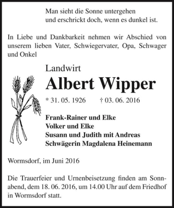 Traueranzeige von Albert Wipper  von Magdeburger Volksstimme