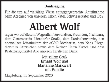 Traueranzeige von Albert Wolf  von Magdeburger Volksstimme