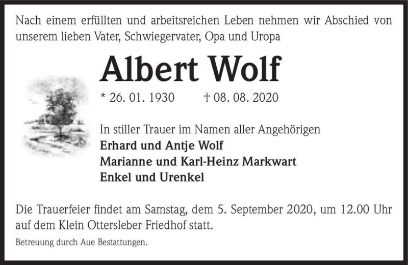  Traueranzeige für Albert Wolf  vom 22.08.2020 aus Magdeburger Volksstimme
