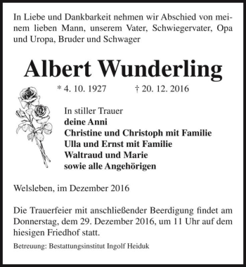 Traueranzeige von Albert Wunderling  von Magdeburger Volksstimme